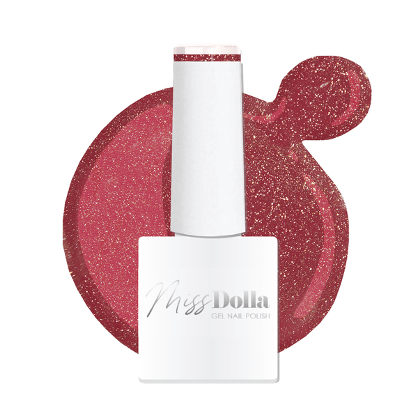 Miss Dolla's Glittery Brick Red UV/LED Gel Polish with pink hints, professional 8ml bottle.