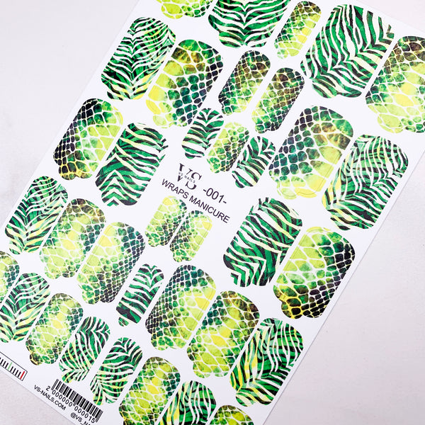 VS manicure wraps 01 with tropical design from the top nail brand UK Miss Dolla. manicure wraps 1 with nice palm pattern are the best wraps manicure 1