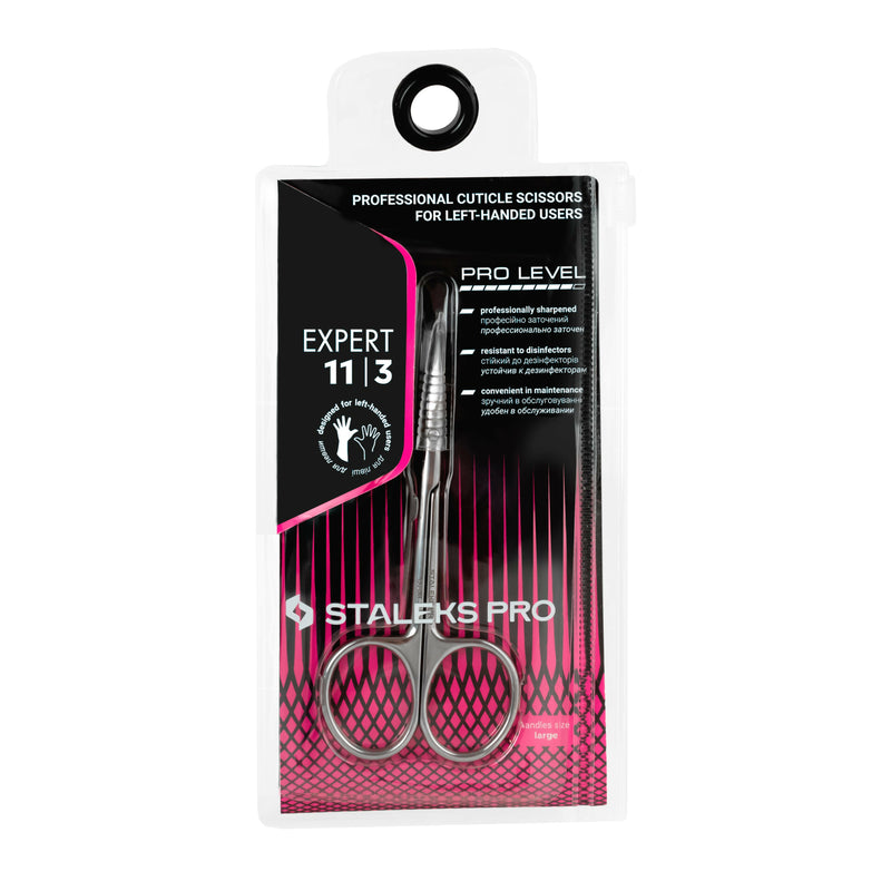 Durable and precise cuticle scissors designed for left-handed nail technicians.