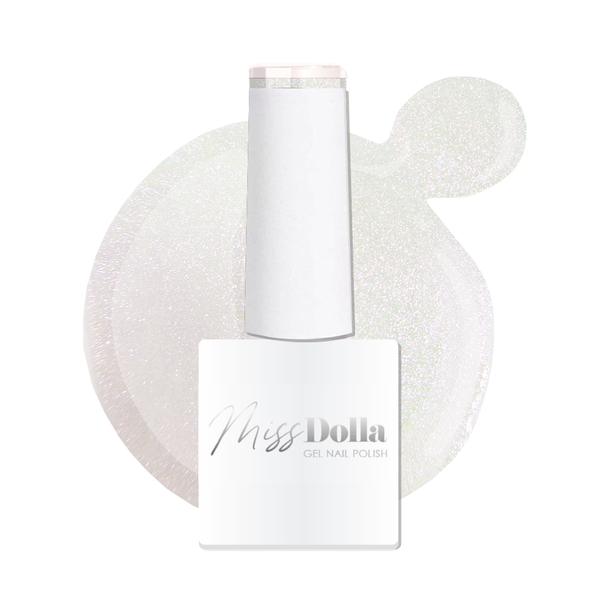 Miss Dolla Pearl White Gel Polish with pink shimmer, professional UV/LED formula in 8ml bottle.