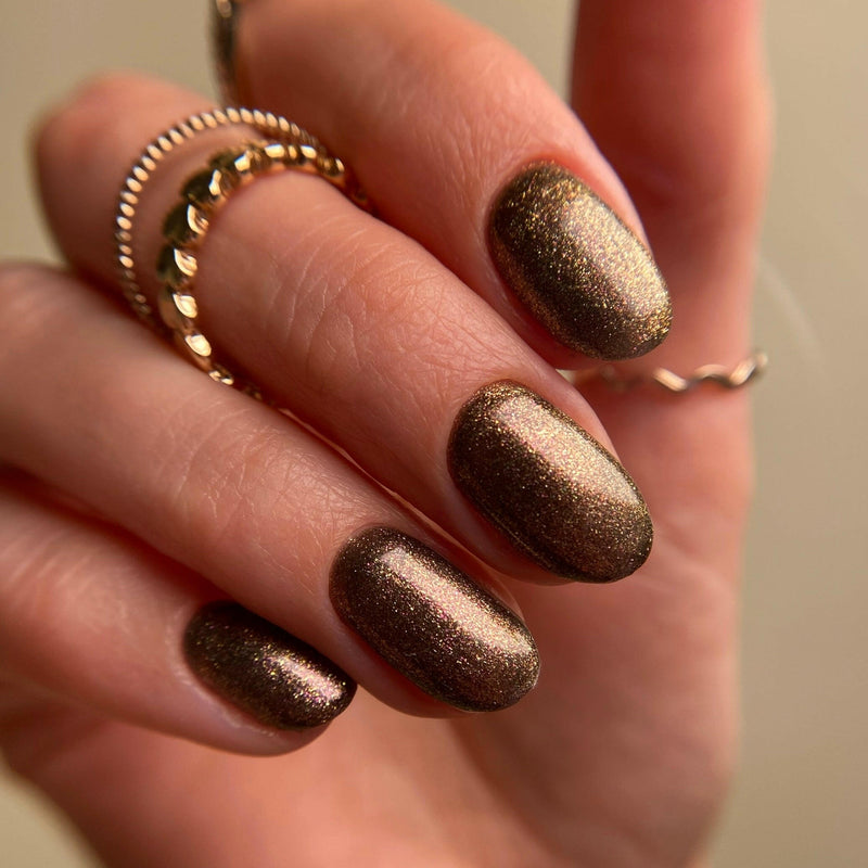 non fading non yellowing flexible and easy soak off removal plethora of gold, bronze and brown sparkles gel nail polish